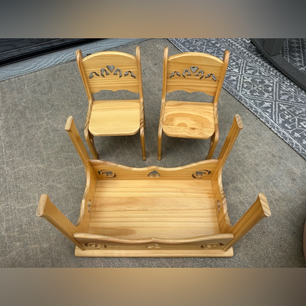 Vintage Wooden Doll Table (1) & Chairs (2) Furniture Set - Picture 4 of 17
